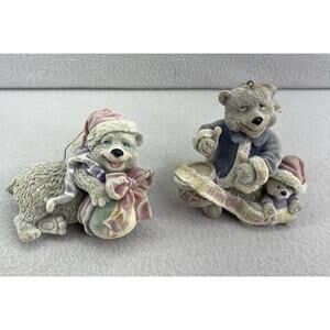 VTG Velvet Flocked Teddy Bear Christmas Ornaments Lot 2 Holiday Figurines